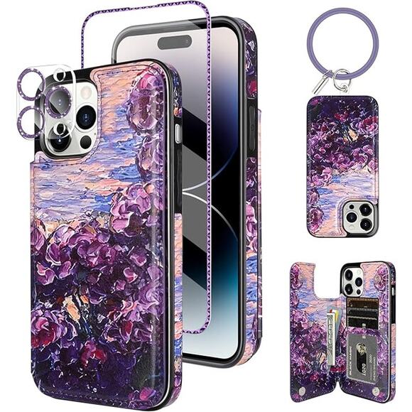 iPhone 14 Pro Max Wallet Case with Bracelet Oil Painting Purple by HianDier - Picture 1 of 5